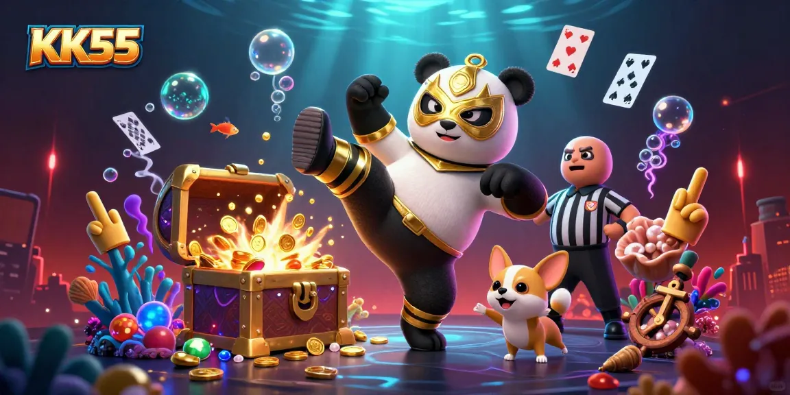 KK55 promotions in an exciting casino scene featuring a panda wrestler and animal spectators celebrating big wins.