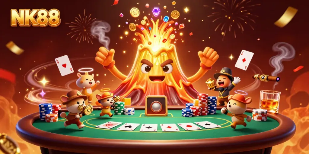 Experience the thrill of winning at NK88 with vibrant casino visuals and energetic characters.