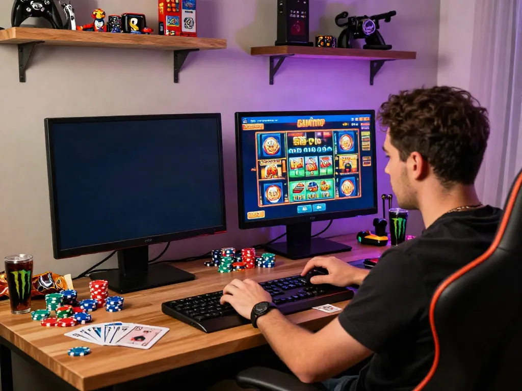 Engaged player enjoying UK slots not on GamStop in a cozy gaming room.