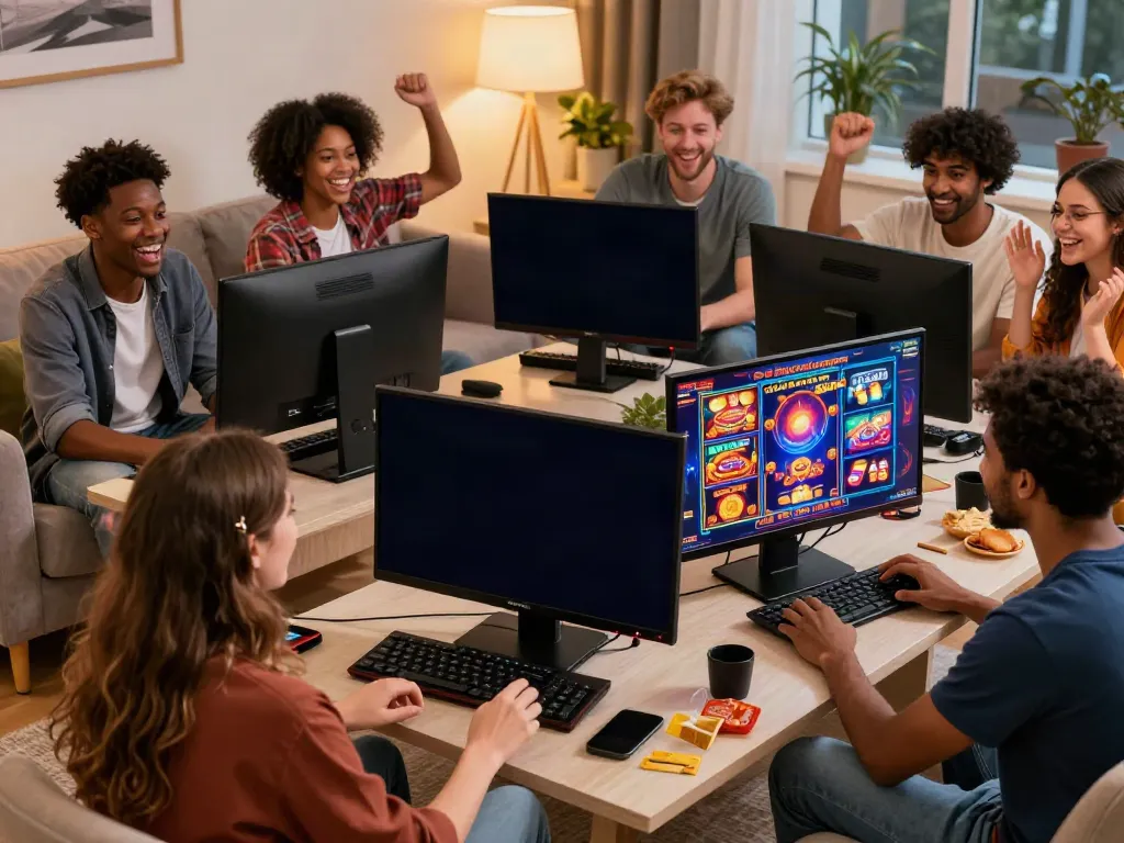 Group of friends enjoying uk slots not on gamstop in a vibrant living room.