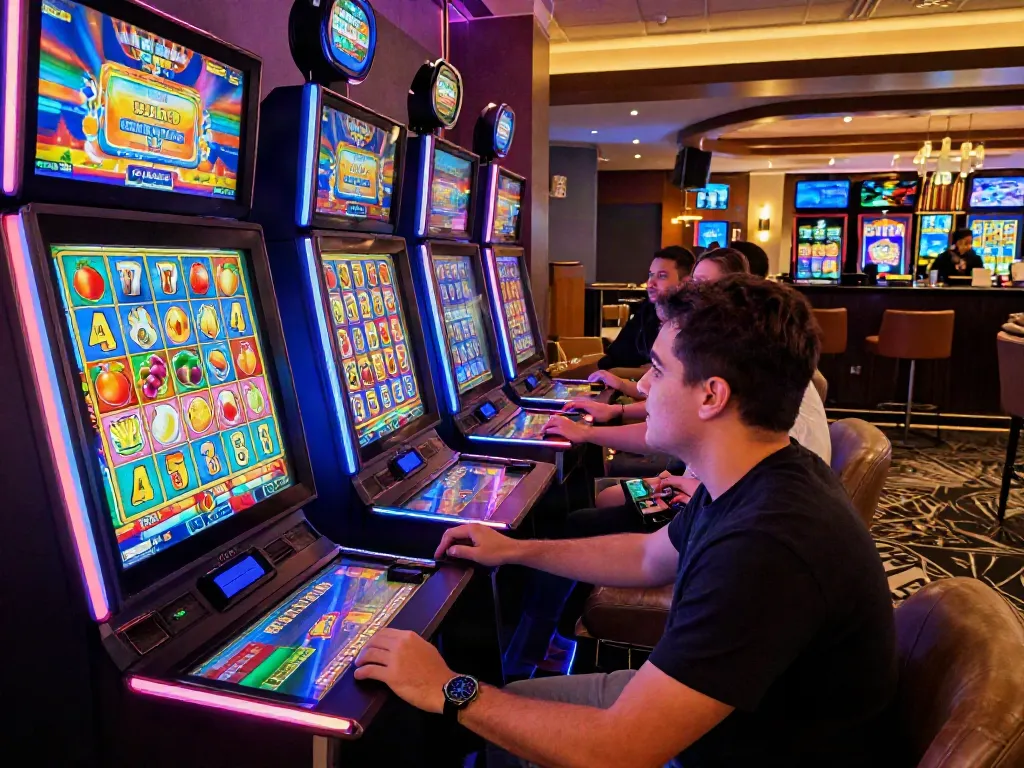 Engaging scene of a player at vibrant online slots not on GamStop in a stylish casino.