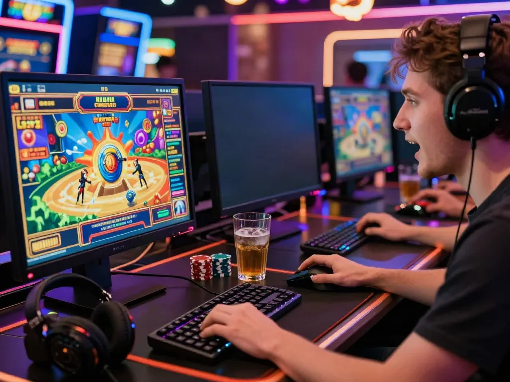 Engaged player enjoying UK slots not on GamStop at a vibrant online casino.