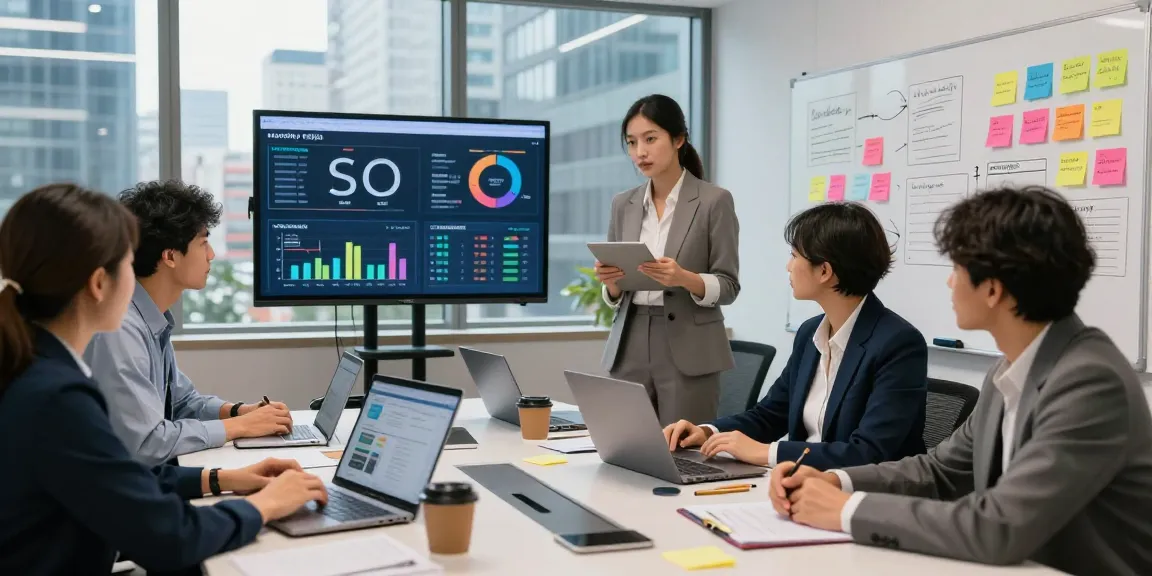 Monthly SEO packages discussion with a diverse marketing team in a dynamic office.