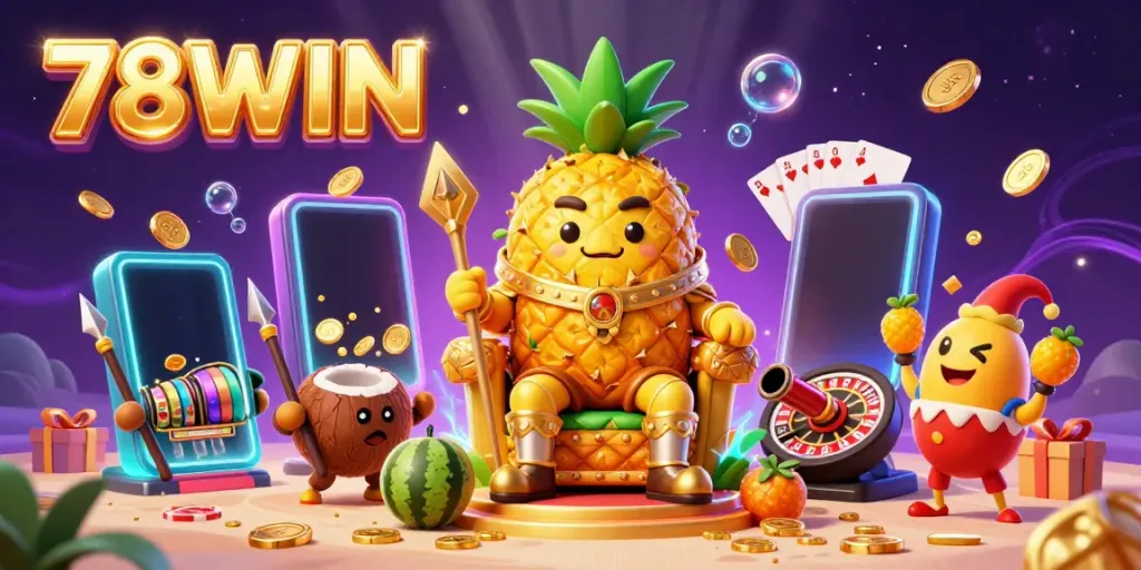 Engage with 78WIN's vibrant casino world featuring the golden pineapple king, dynamic slots, and magical energy.