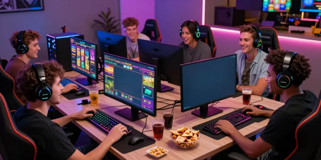 Friends enjoying an exciting gaming session with uk slots not on gamstop, showcasing vibrant graphics and gaming gear.