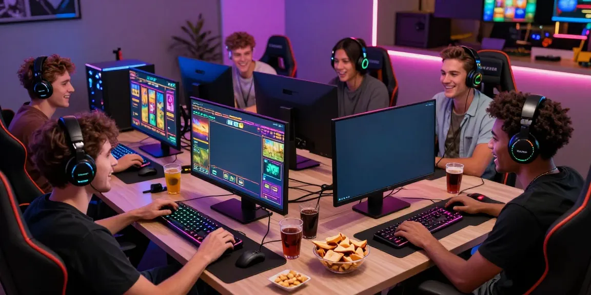 Friends enjoying an exciting gaming session with uk slots not on gamstop, showcasing vibrant graphics and gaming gear.