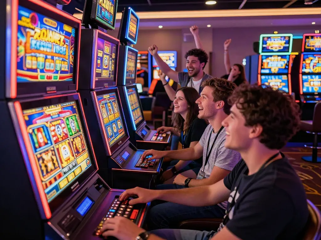 Exciting scene of friends enjoying vibrant slots not on GamStop in a lively casino atmosphere
