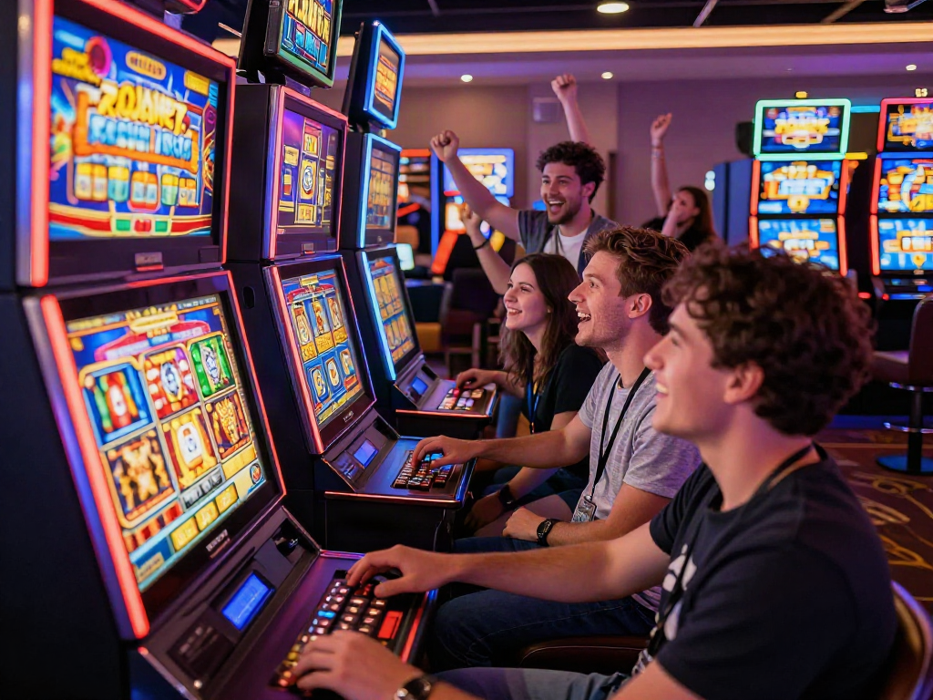Exciting scene of friends enjoying vibrant slots not on GamStop in a lively casino atmosphere