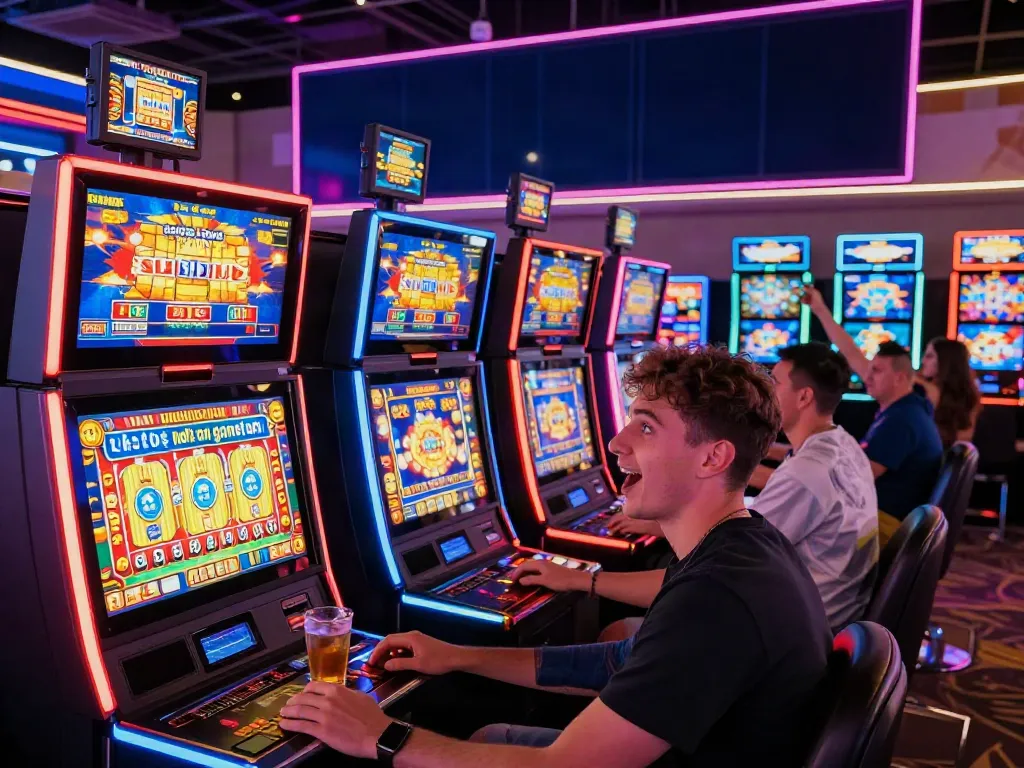 Players enjoying a vibrant casino environment with uk slots not on gamstop machines illuminated and lively atmosphere.