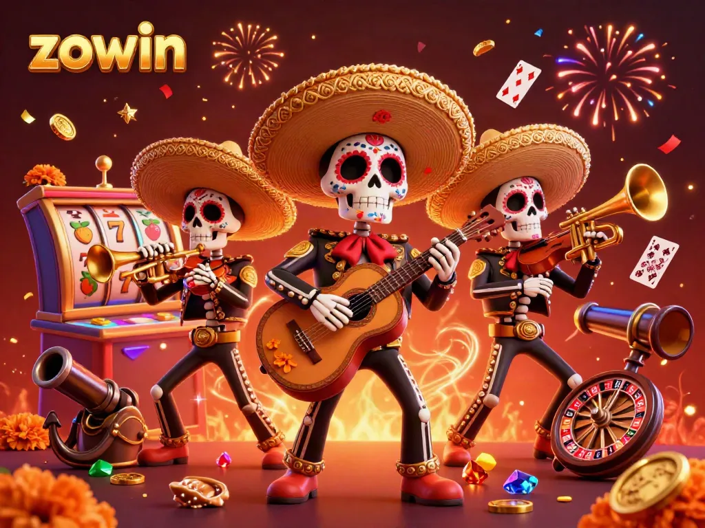 A vibrant casino-themed scene of the zie Zowin mariachi band, surrounded by colorful slot reels and playing cards, celebrating with confetti.