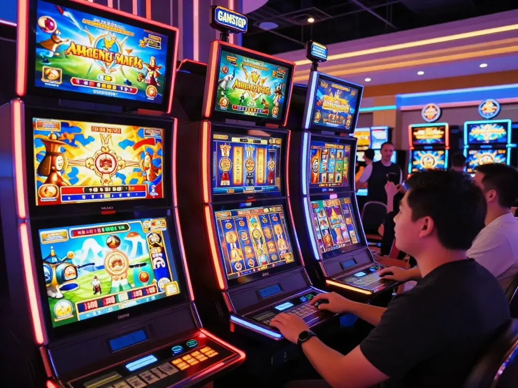 Engaging player enjoying UK slots not on GamStop in vibrant casino.