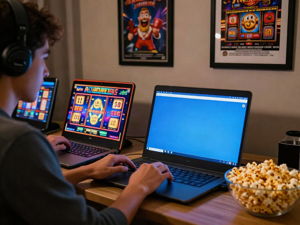 Enjoying uk slots not on gamstop on a cozy evening setup with laptop.