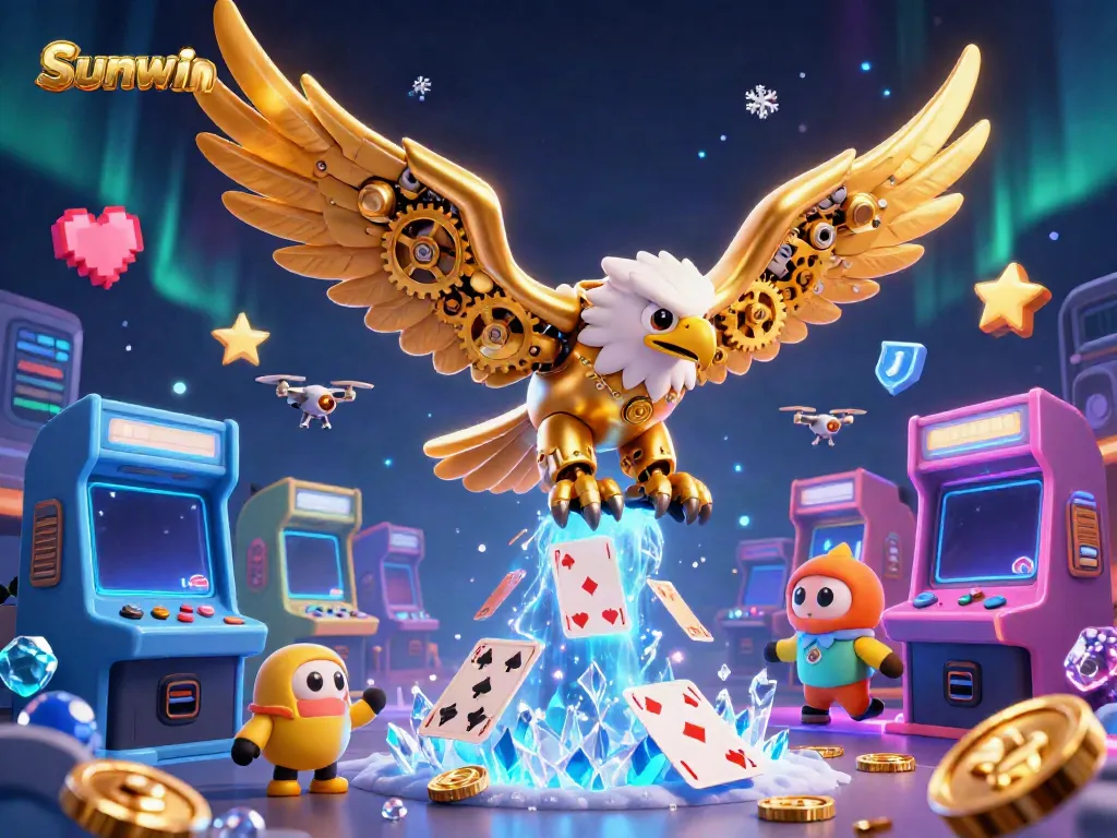Engage in thrilling gameplay with Sunwin, where a futuristic golden eagle ascends amidst vibrant arcade elements.