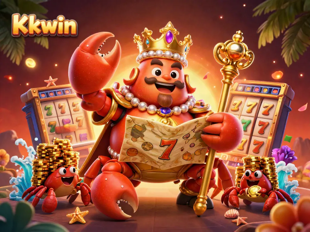 Kkwin invites players to enjoy a vibrant online casino experience with a golden crab emperor and dynamic game elements.