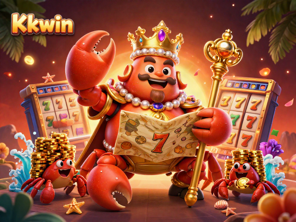 Kkwin invites players to enjoy a vibrant online casino experience with a golden crab emperor and dynamic game elements.