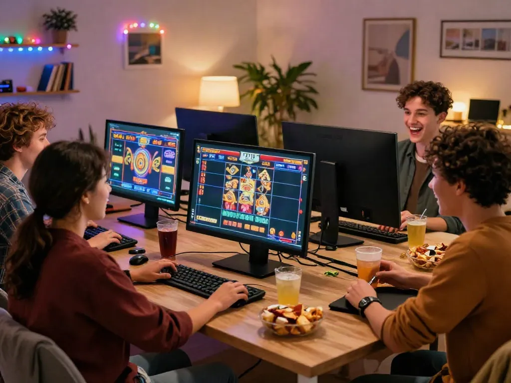 Friends enjoying uk slots not on gamstop in a lively home setting.
