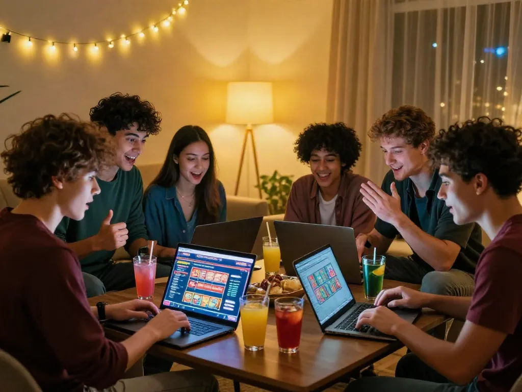 Friends enjoying UK slots not on GamStop in a cozy living room.