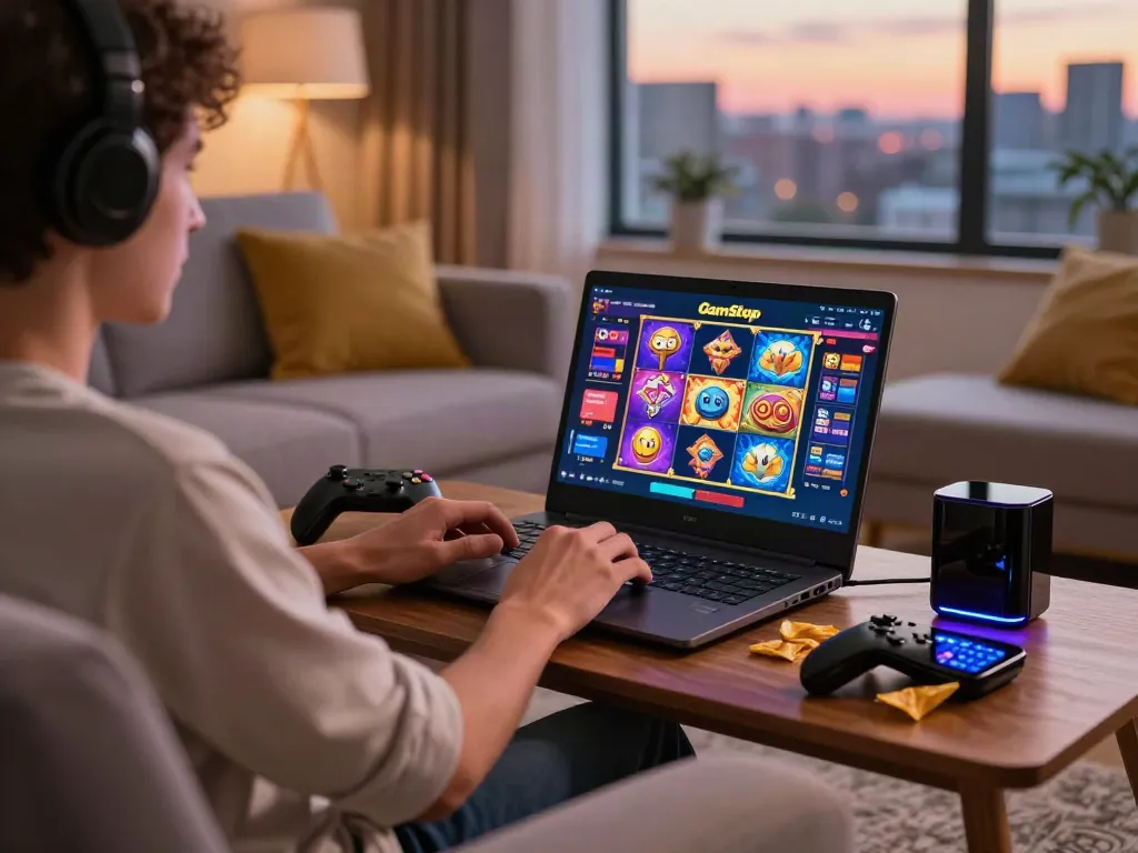 Excited player enjoying uk slots not on gamstop at home, cozy environment.