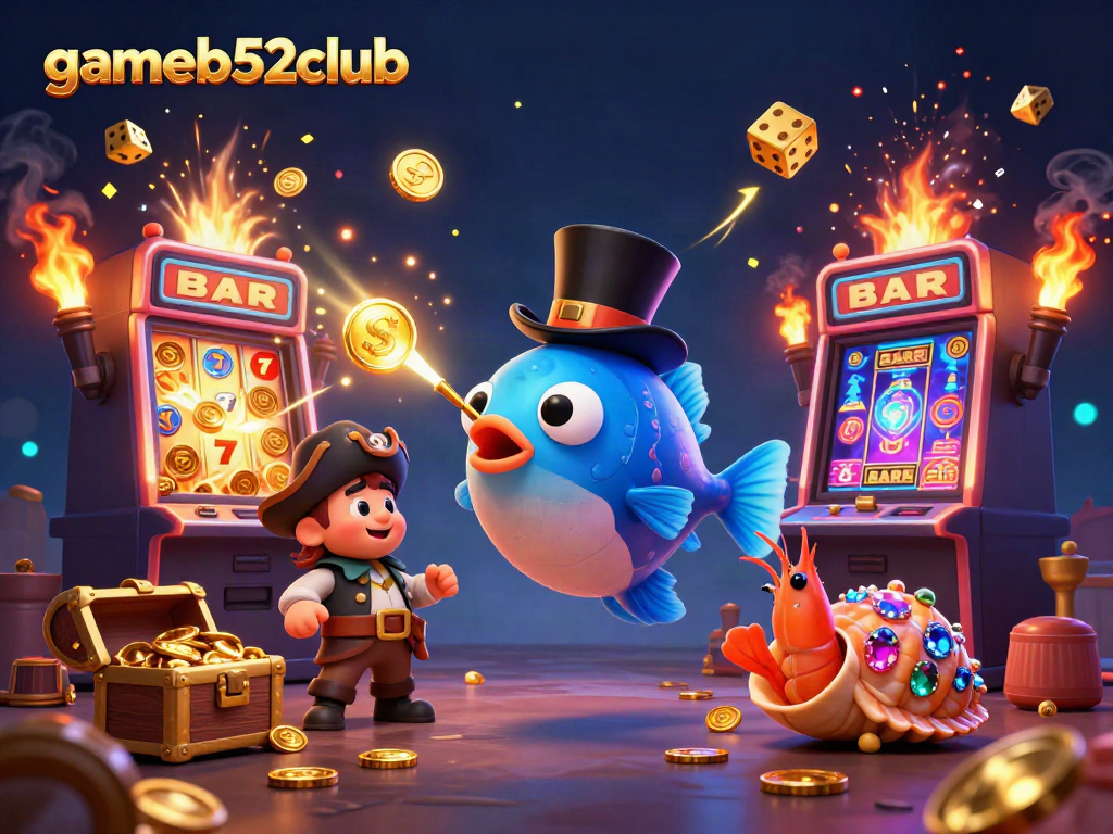 Gameb52club showcases thrilling gameplay with vibrant coins and jackpot excitement in a detailed 3D scene.