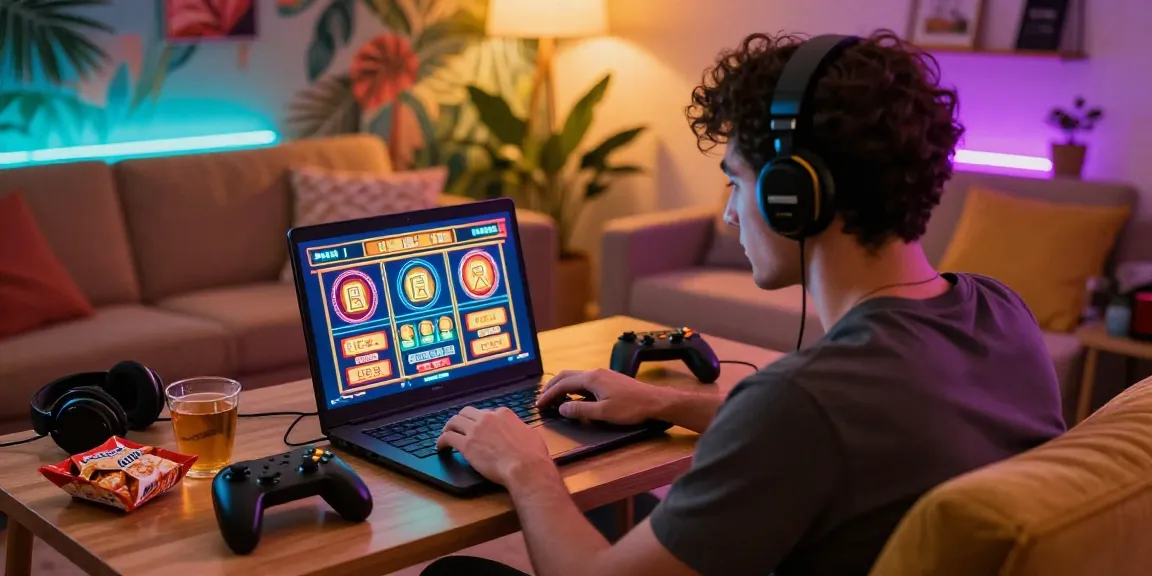 Engaging in UK slots not on GamStop from a cozy home space, surrounded by a lively atmosphere.