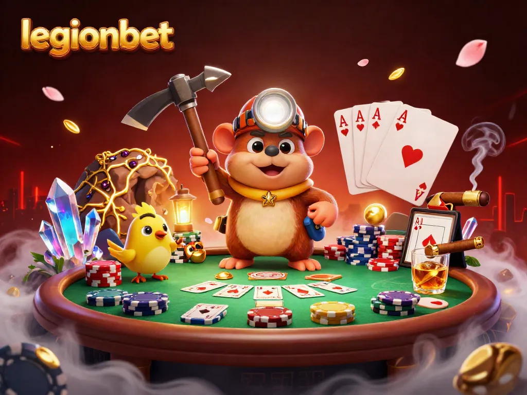 Experience thrilling poker action at legionbet with treasure hunter characters amidst sparkling gameplay.