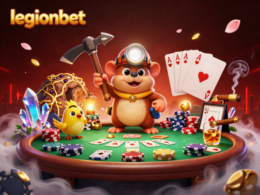 Experience thrilling poker action at legionbet with treasure hunter characters amidst sparkling gameplay.