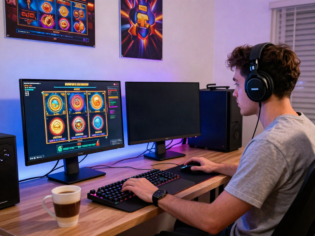 Gamer enjoying uk slots not on gamstop at a vibrant home office setup.