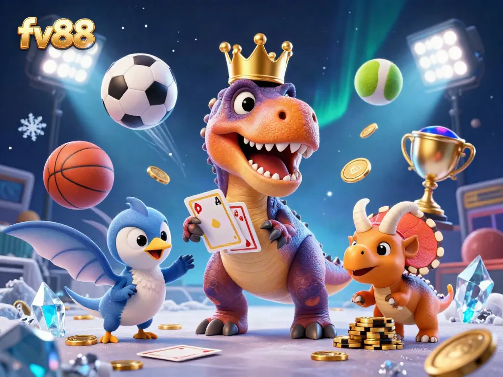 Experience the vibrant world of fv88 with a joyful T-Rex and friends in a dynamic casino setting.