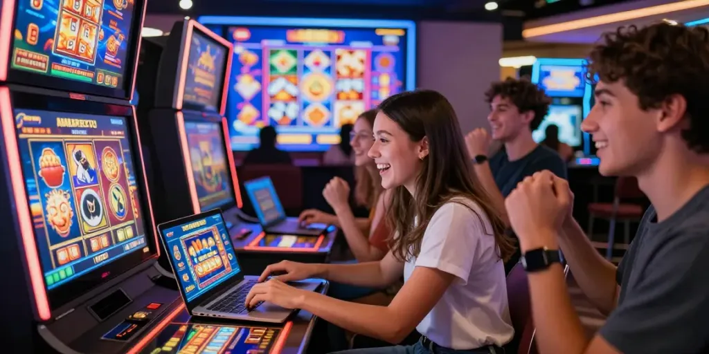 A diverse group of friends enjoying UK slots not on GamStop at a vibrant online casino, illustrating excitement in virtual gaming.