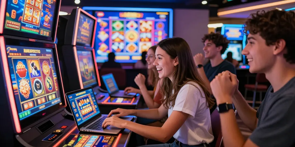 A diverse group of friends enjoying UK slots not on GamStop at a vibrant online casino, illustrating excitement in virtual gaming.