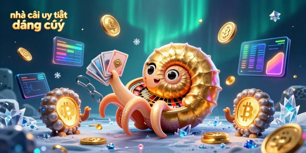 Engaging scene with nhà cái uy tín đáng chú ý showcasing a giant nautilus and crypto coins.