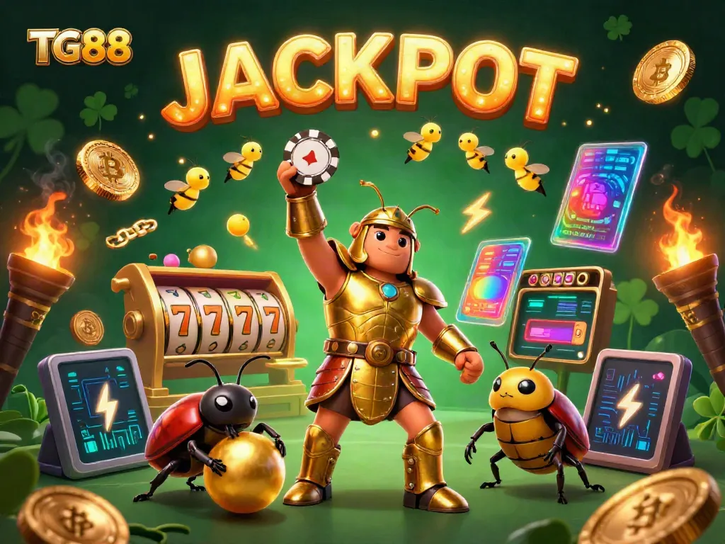 Experience the thrill of winning at TG88 with vibrant casino elements and animated characters celebrating a jackpot.