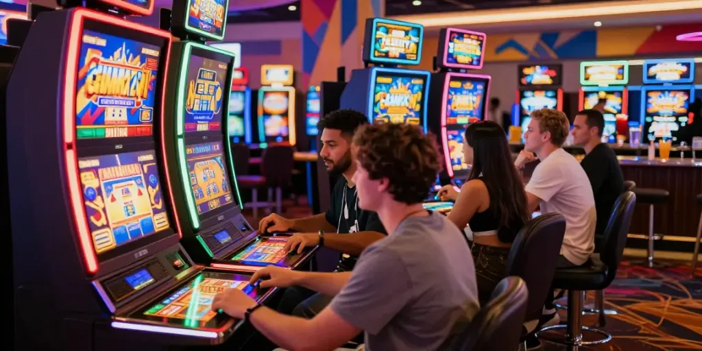 Engaging atmosphere at UK slots not on GamStop, players enjoying vibrant casino gaming.