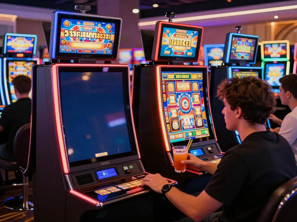 Engaging player at vibrant slots not on GamStop, enjoying lively casino atmosphere.