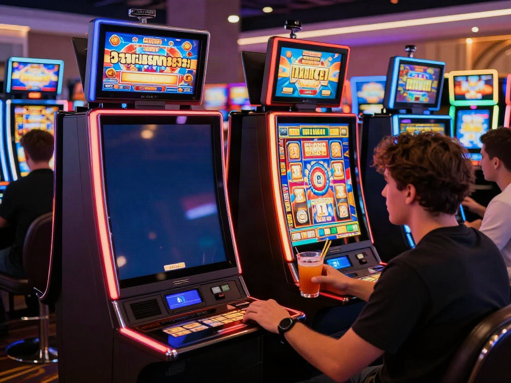 Engaging player at vibrant slots not on GamStop, enjoying lively casino atmosphere.