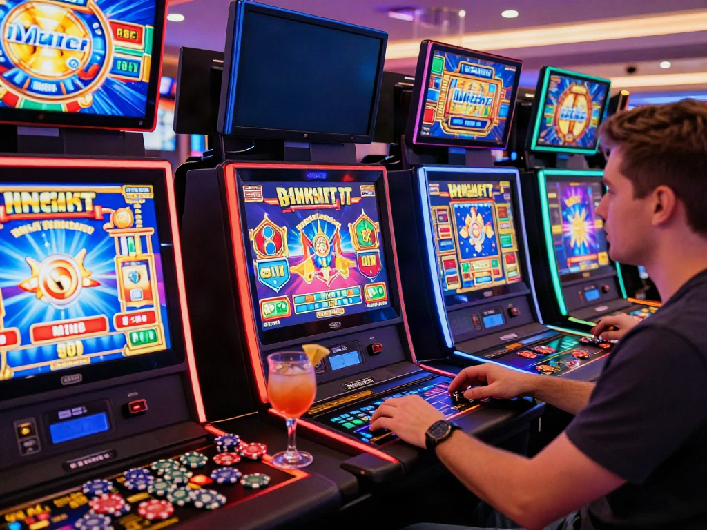 Player enjoying uk slots not on gamstop in a vibrant casino atmosphere with colorful machines and dynamic gaming.