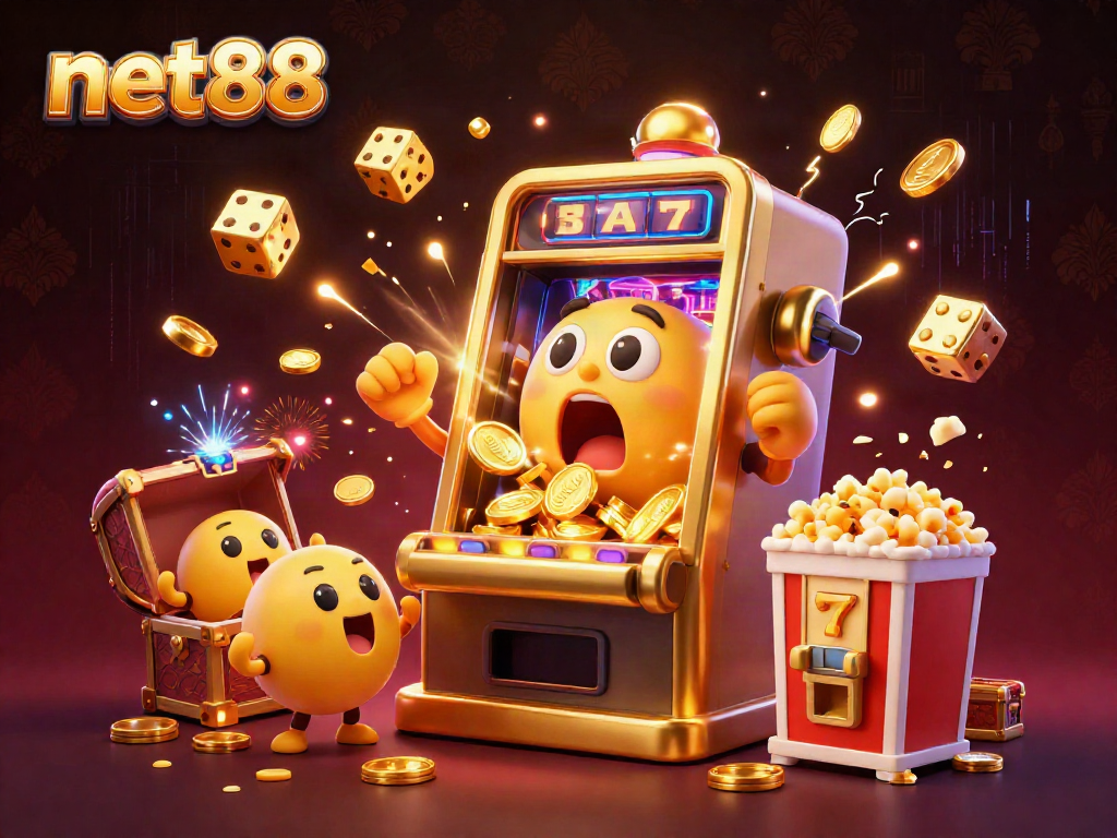 Win big with net88's animated slot machine explosion, capturing a lively casino atmosphere.