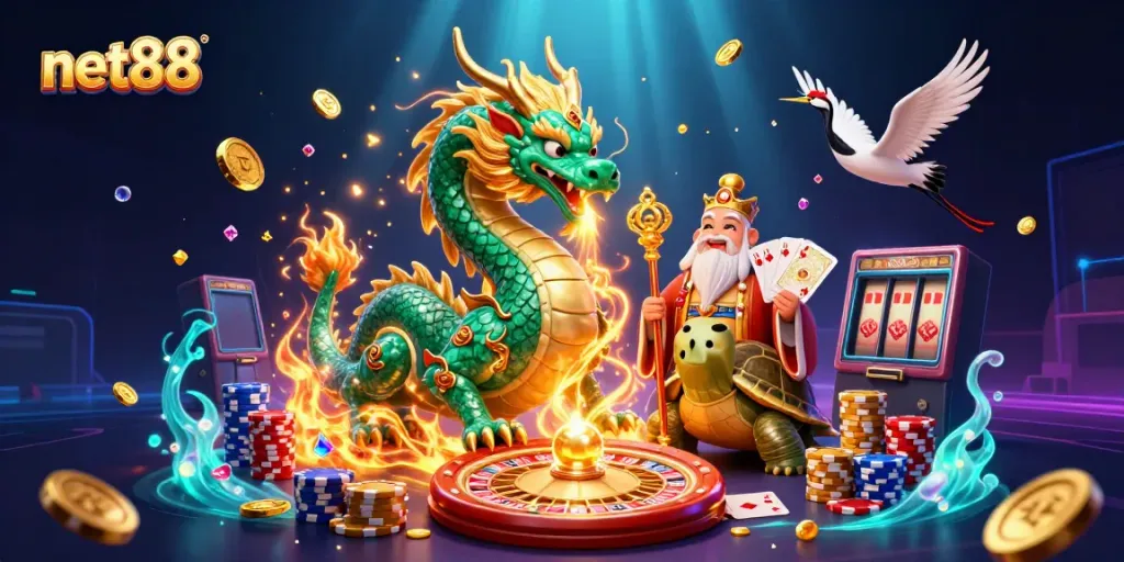 Experience thrilling gameplay at net88 with a vibrant 3D casino scene featuring a jade dragon and lucky symbols.
