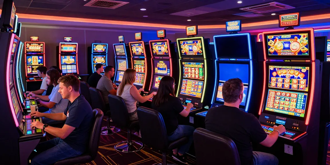 Engaging scene of players enjoying uk slots not on gamstop in a vibrant casino atmosphere.