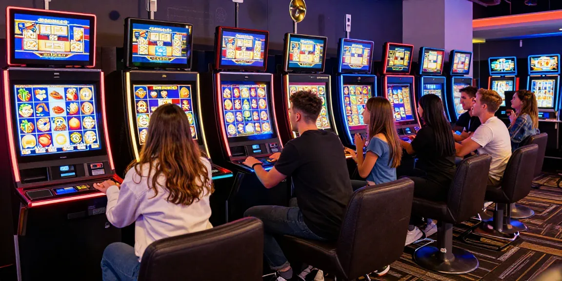 Group of friends enjoying uk slots not on gamstop in a vibrant casino atmosphere.