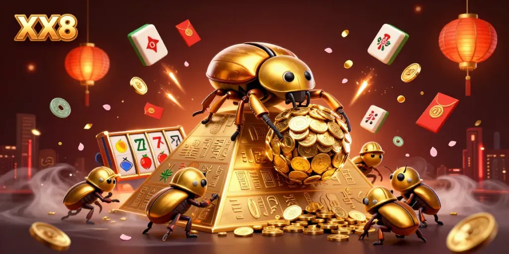 Experience winning moments with XX8 as golden beetles roll a jackpot of coins.