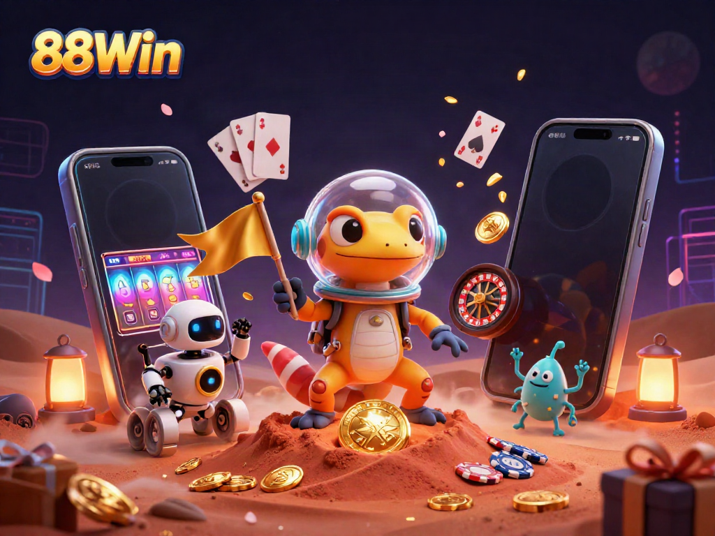 Experience the excitement of 88Win with a Martian gecko discovering a golden casino in a cosmic adventure.