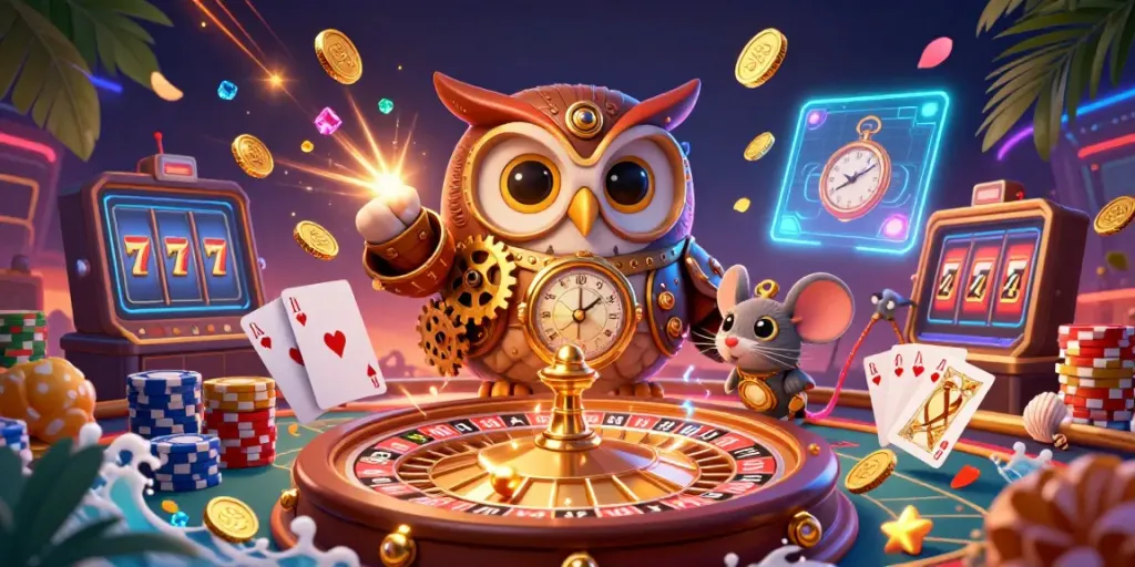 Experience thrilling gameplay at Sunwin with a vibrant casino scene featuring a whimsical time-traveler owl.