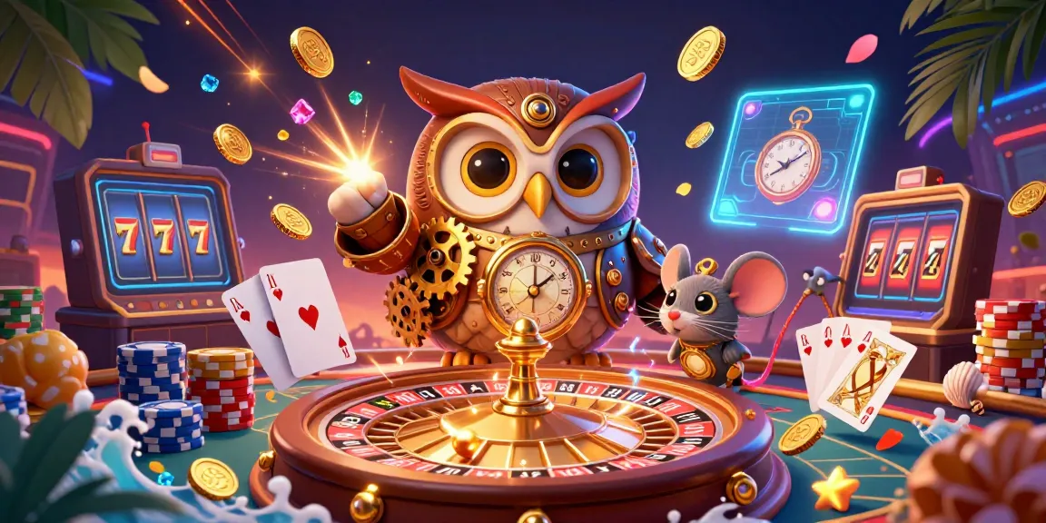 Experience thrilling gameplay at Sunwin with a vibrant casino scene featuring a whimsical time-traveler owl.