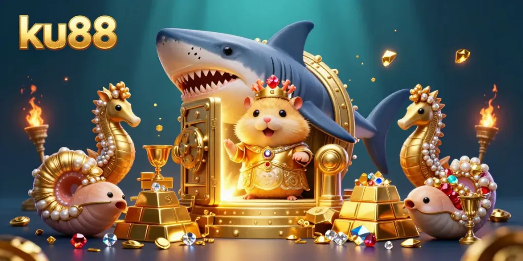 Experience the thrilling world of ku88 with the golden hamster king and treasure-filled casino atmosphere.