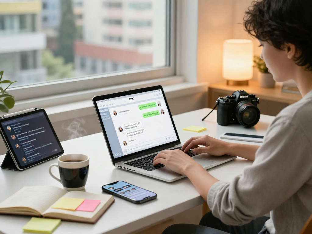 Engaging workspace scene featuring nsfw AI chat on a laptop, modern desk, and vibrant city views.