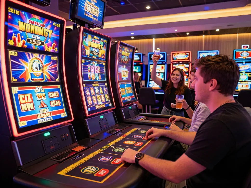 Exciting scene highlighting a person playing uk slots not on gamstop in a lively casino atmosphere.