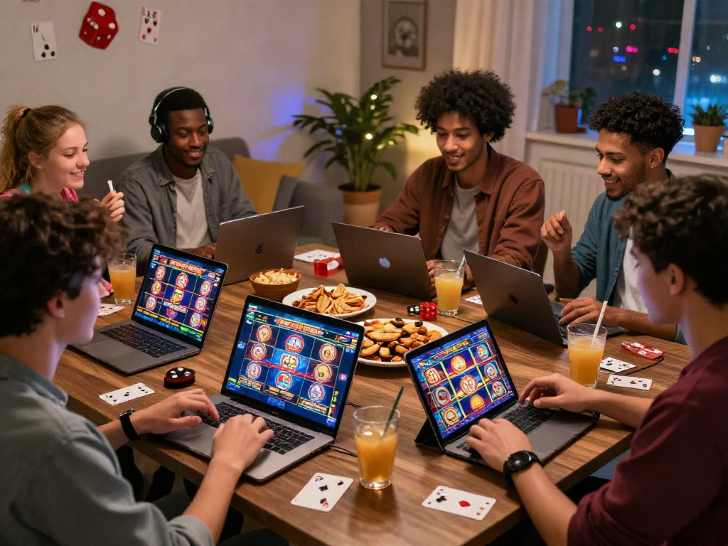 Friends playing uk slots not on gamstop in a cozy living room.