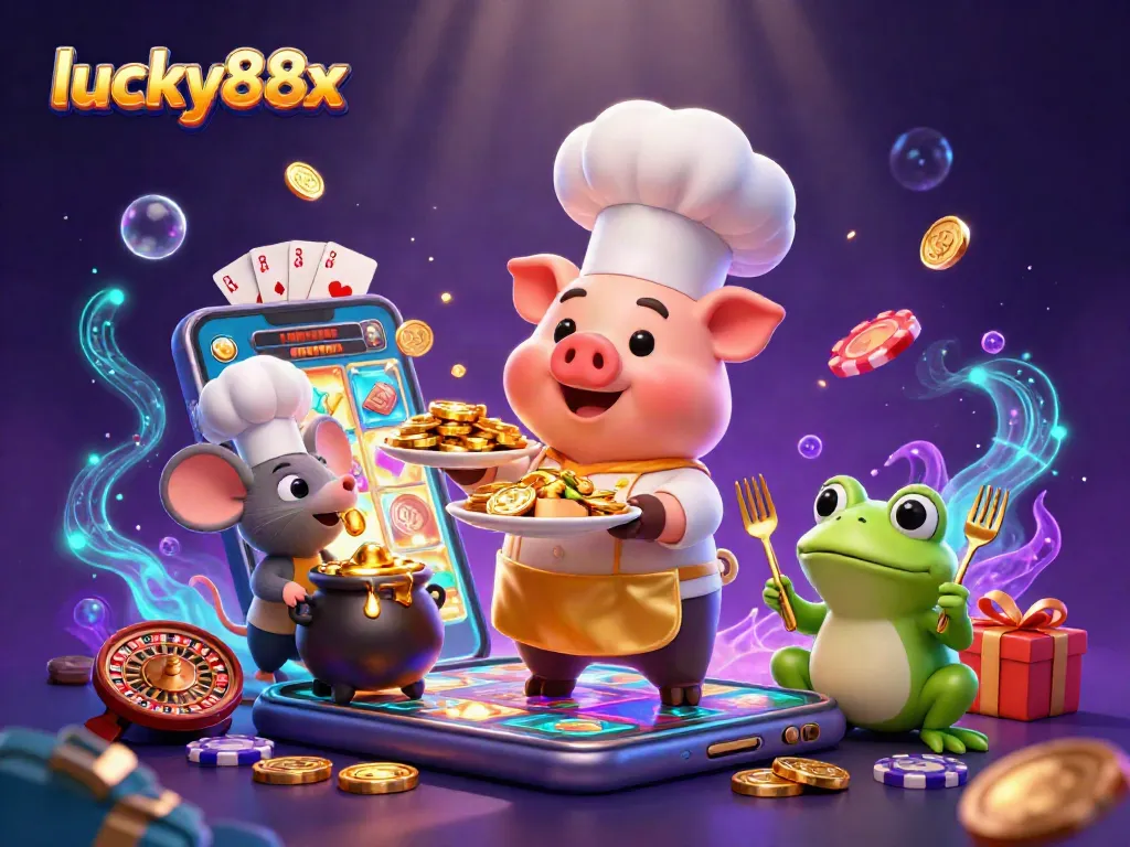 Engage with luckyt88x's vibrant slot games featuring golden coins and 3D casino characters.