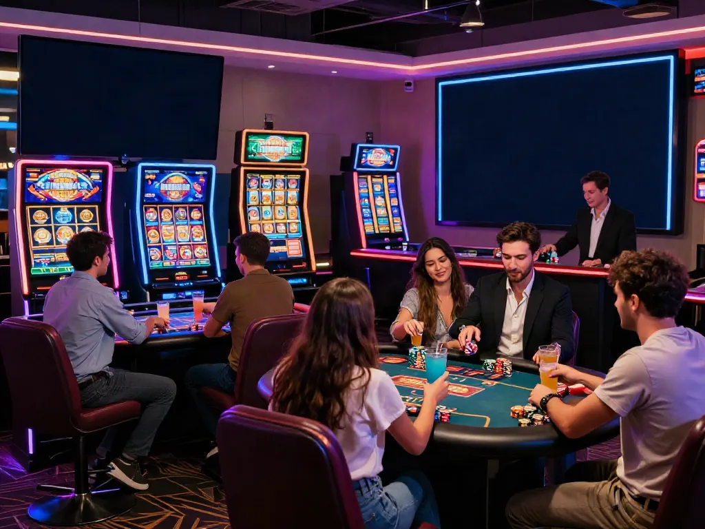 Friends enjoying uk slots not on gamstop at a vibrant virtual casino.